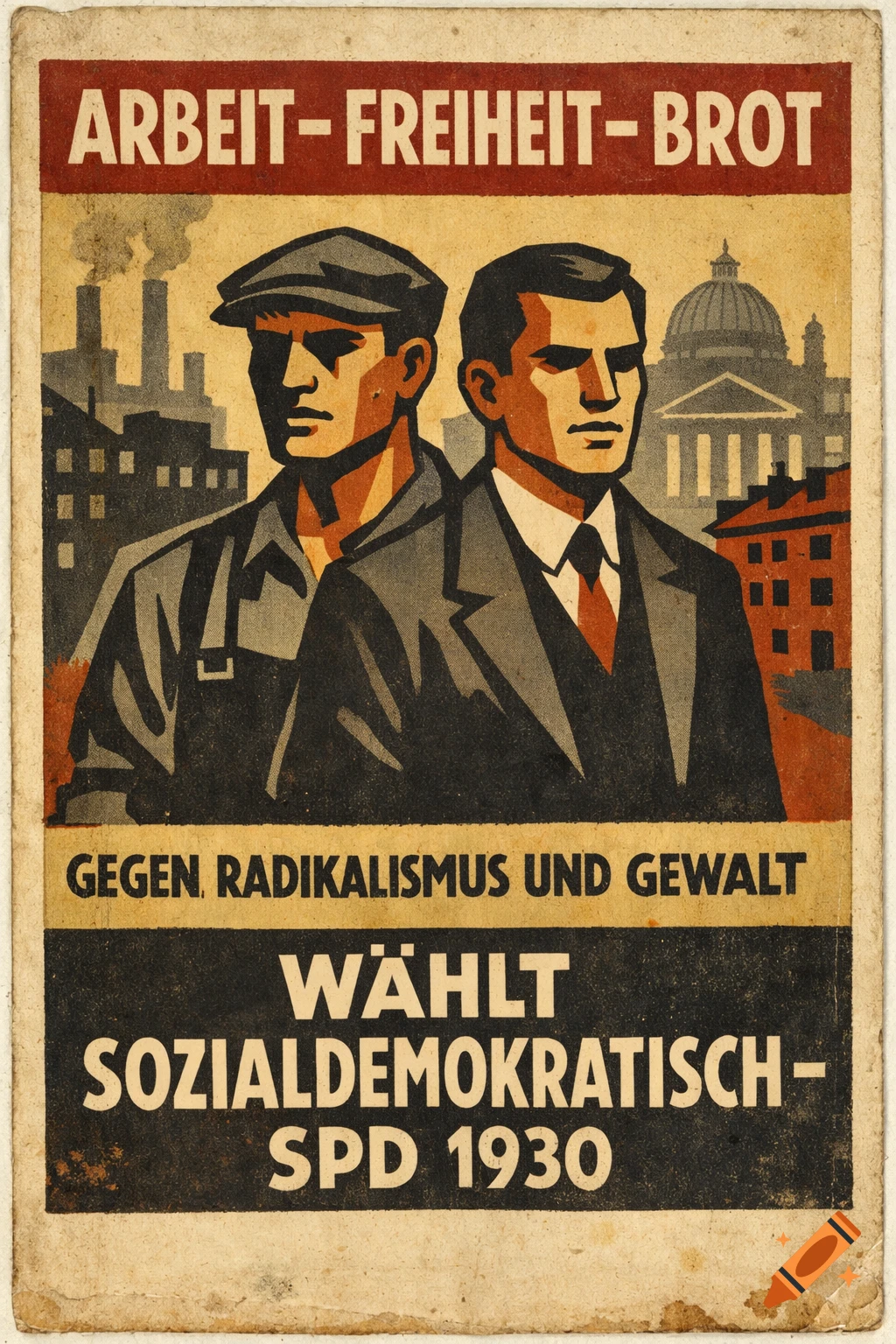 An aged 1930s German political poster features two men, an industrial worker and an office worker, under text that reads "ARBEIT - FREIHEIT - BROT" and "WÄHLT SOZIALDEMOKRATISCH – SPD 1930".