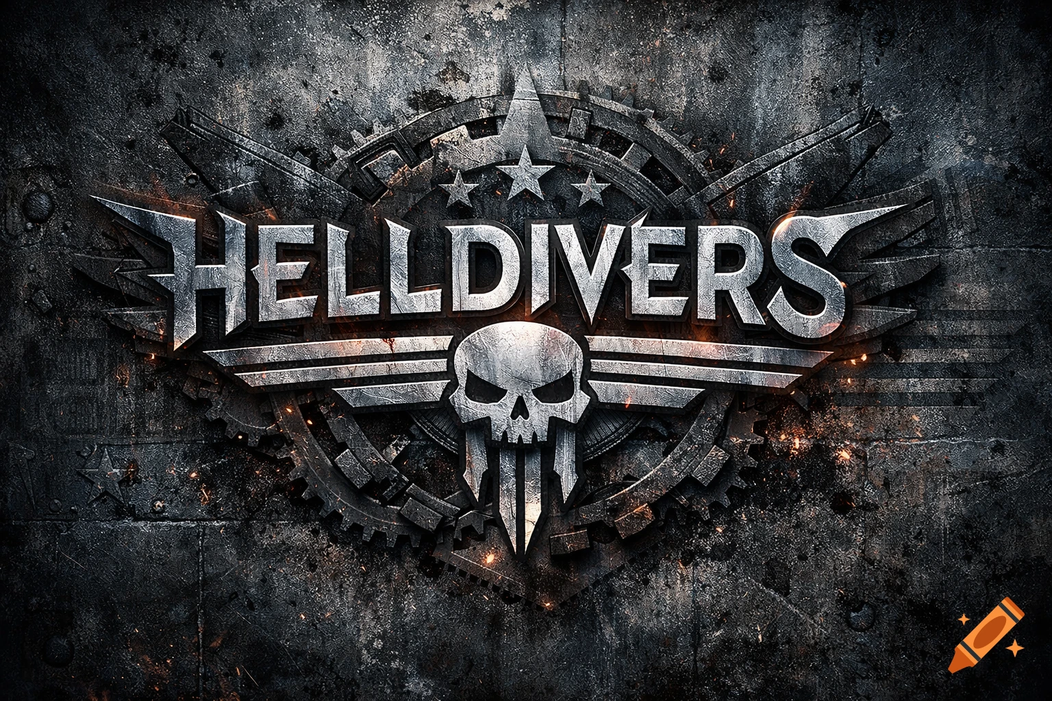 A dark, gritty metallic logo for 'HELLDIVERS' features a skull and wings on a textured background.