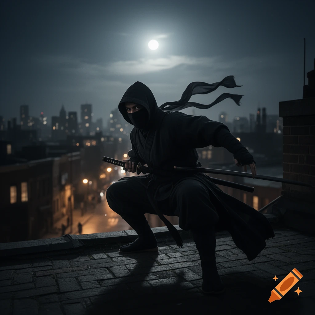 A ninja in a black suit crouches on a city rooftop at night, holding two katanas, with a full moon and distant city lights.