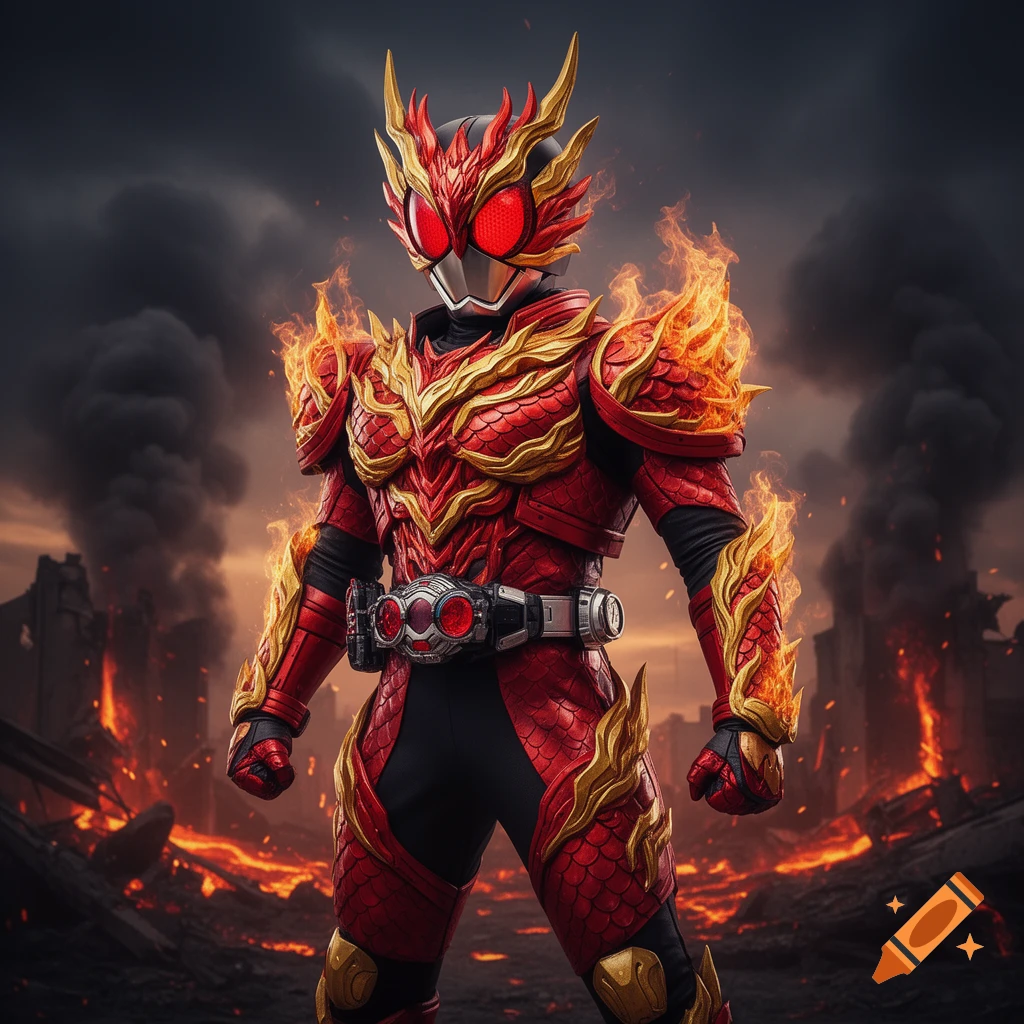 A Kamen Rider-like character in red and gold fire dragon armor with flames stands in a burning, destroyed city.