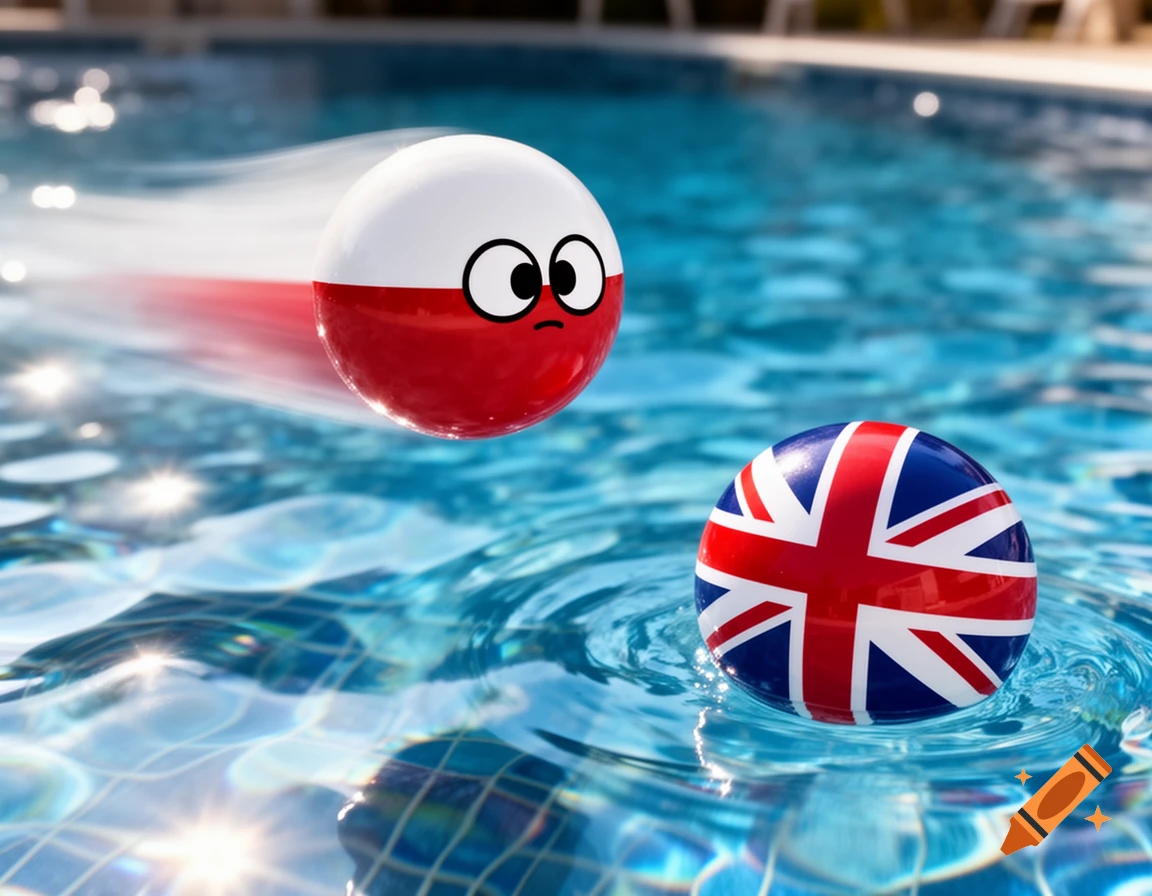 A Polandball with motion blur flies over a swimming pool toward a UKball floating in the water.