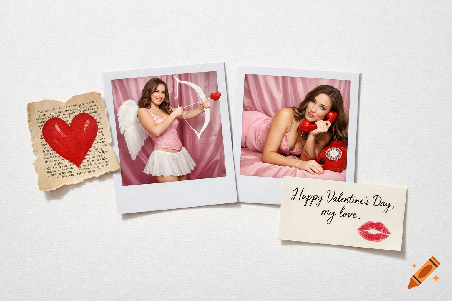 A Valentine's Day flat-lay with two Polaroids of a woman, one as Cupid and one lying with a red phone, alongside a handwritten note and a torn page with a red heart.