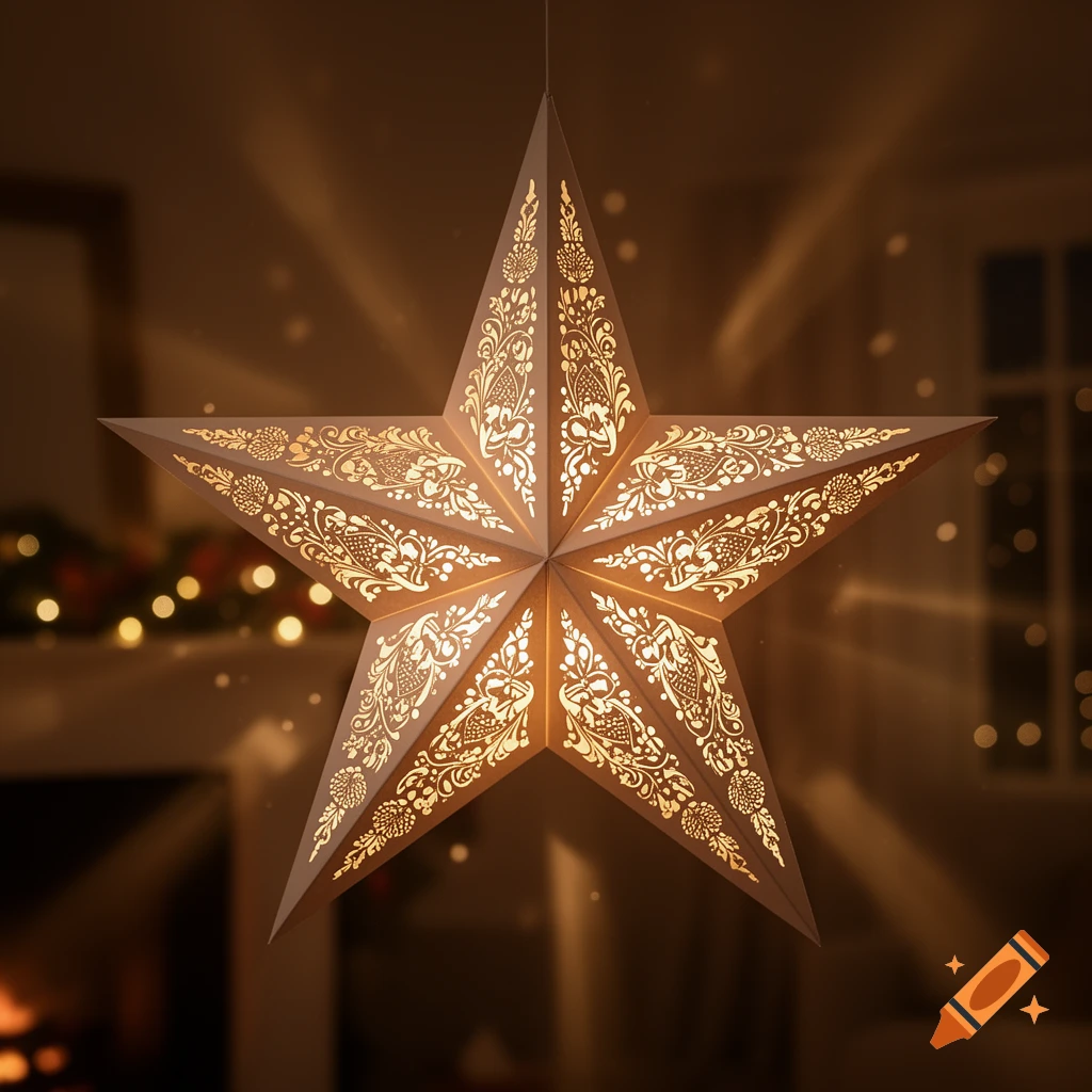 A glowing white paper Christmas star with intricate cutout patterns hangs in a warm room with blurred lights.