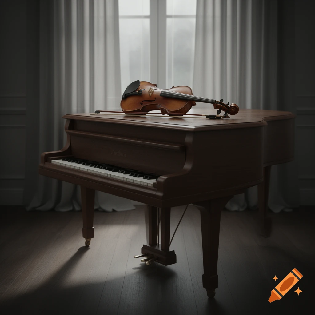 A violin and bow rest on a wooden grand piano in a dimly lit room with a window and white curtains in the background.