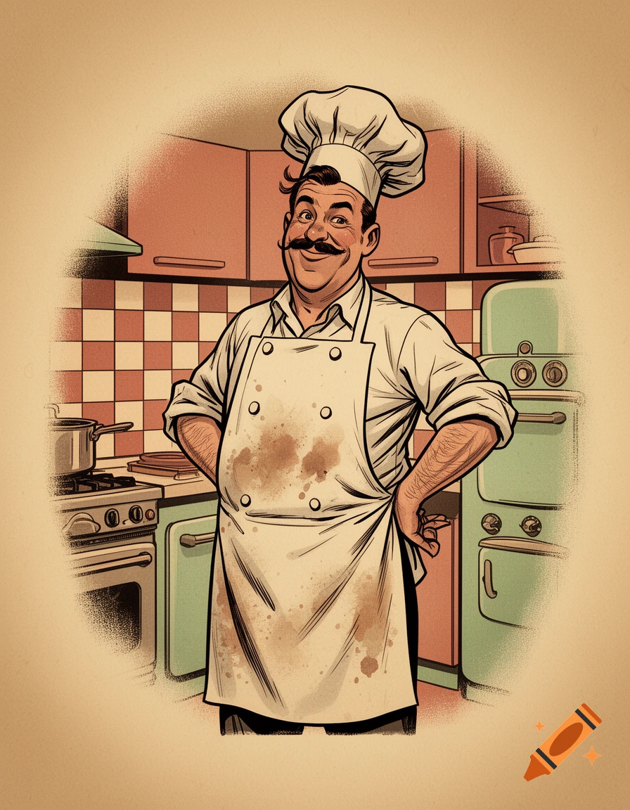 A smiling comic art chef with a mustache and chef's hat stands in a kitchen, wearing a stained apron with hands on hips.
