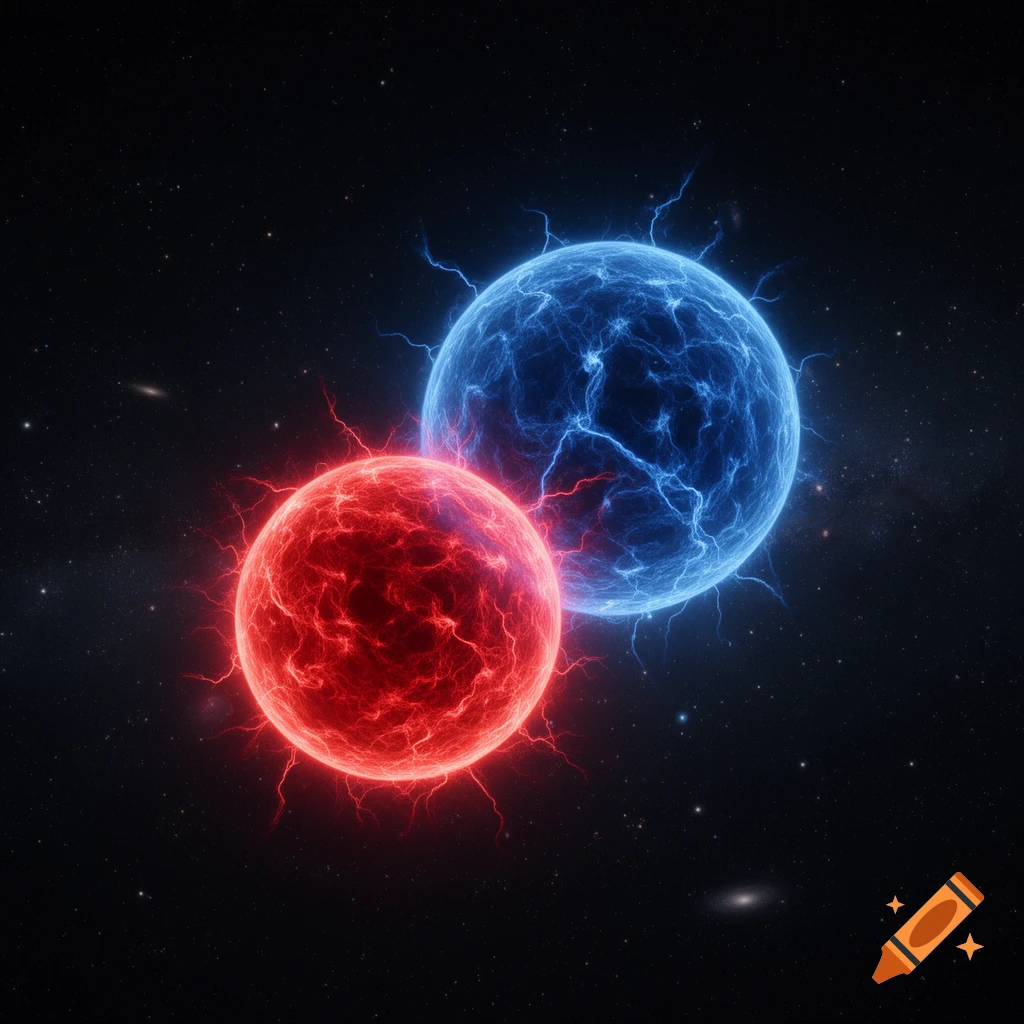 A small glowing red electrical sphere in front of a larger glowing blue electrical sphere against a starry space background.