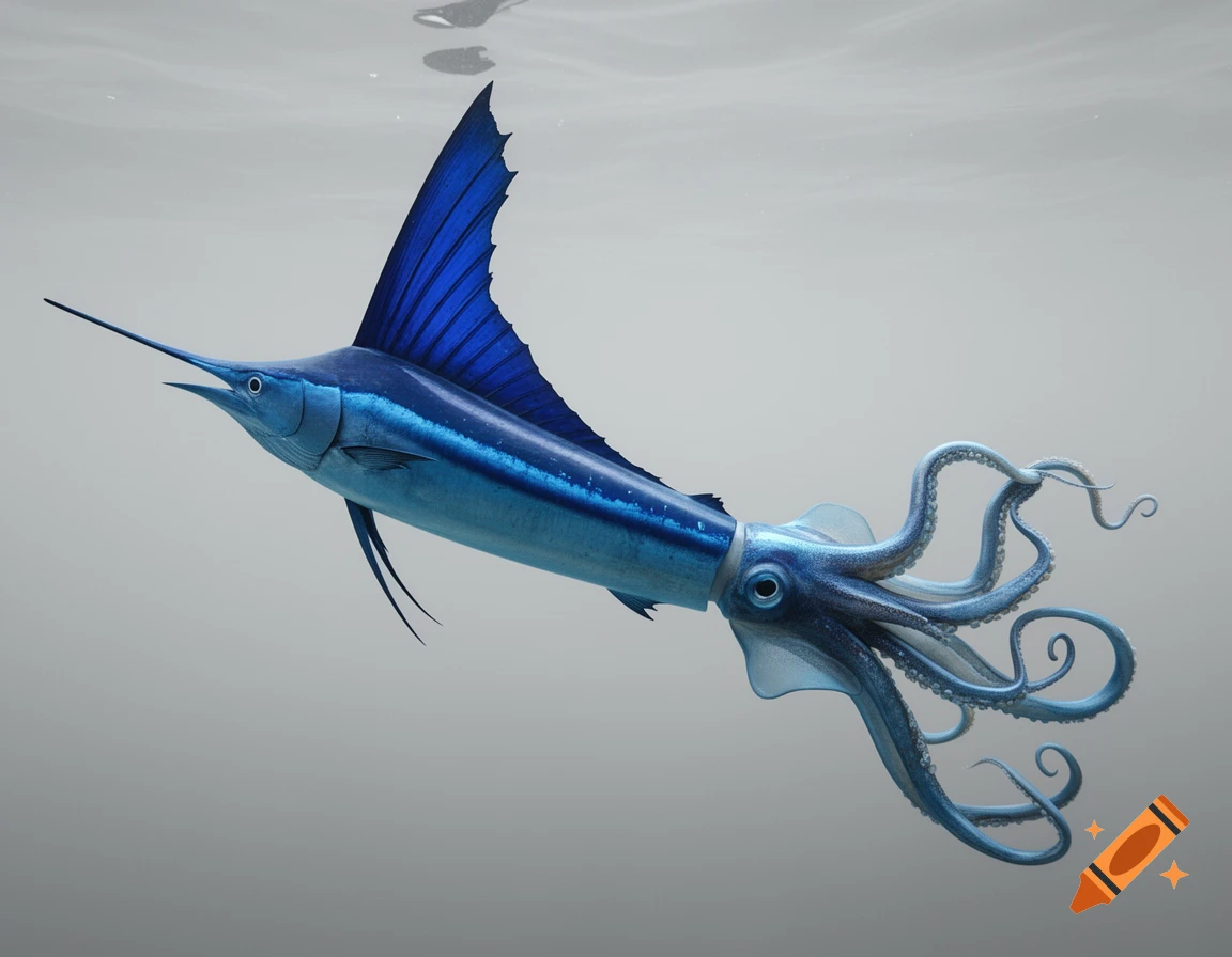 A blue hybrid creature, part marlin and part squid, with a large dorsal fin and tentacles, swims underwater.