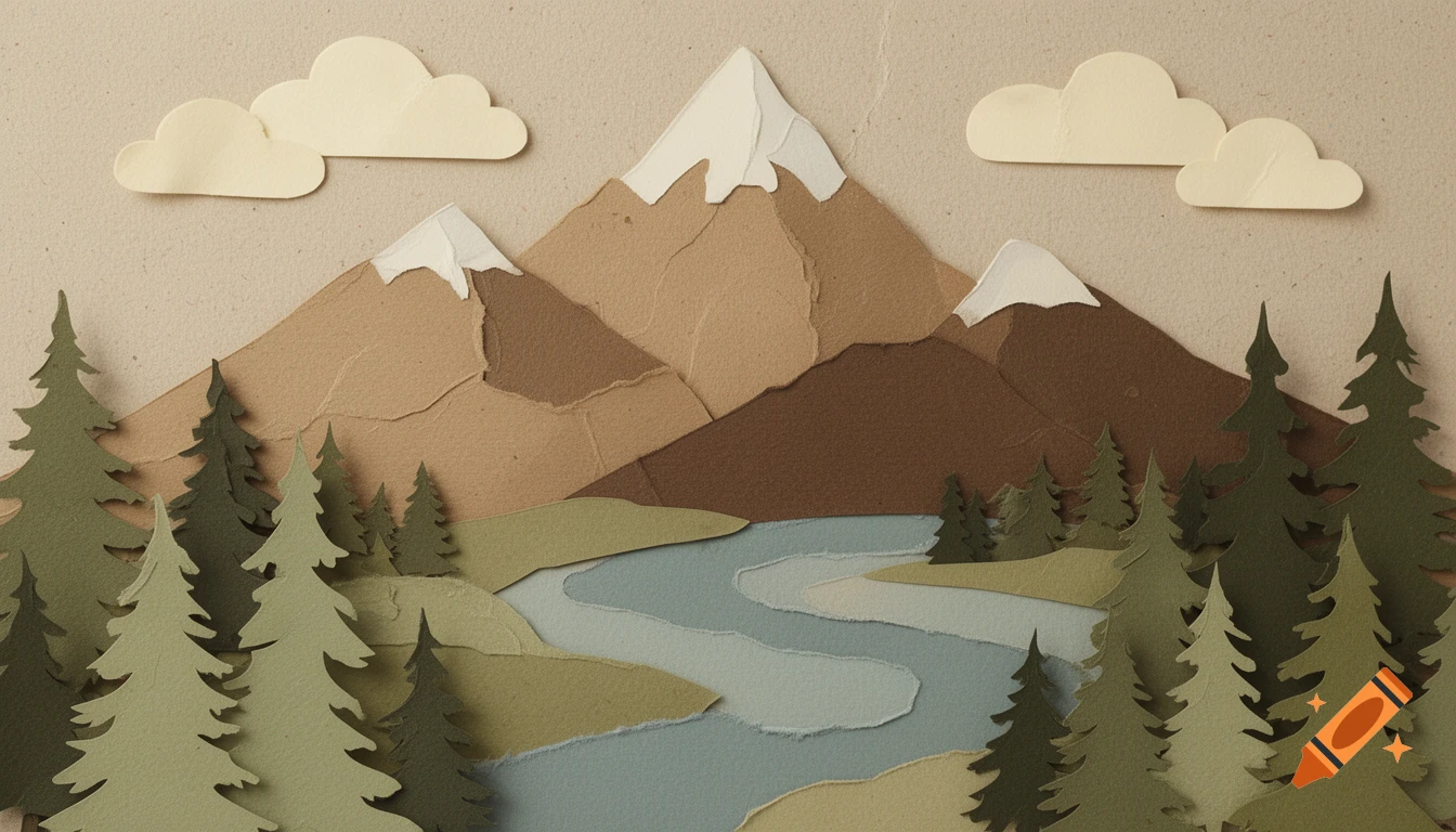 Layered paper collage of a serene mountain landscape with snow-capped peaks, evergreen trees, a winding river, and clouds.