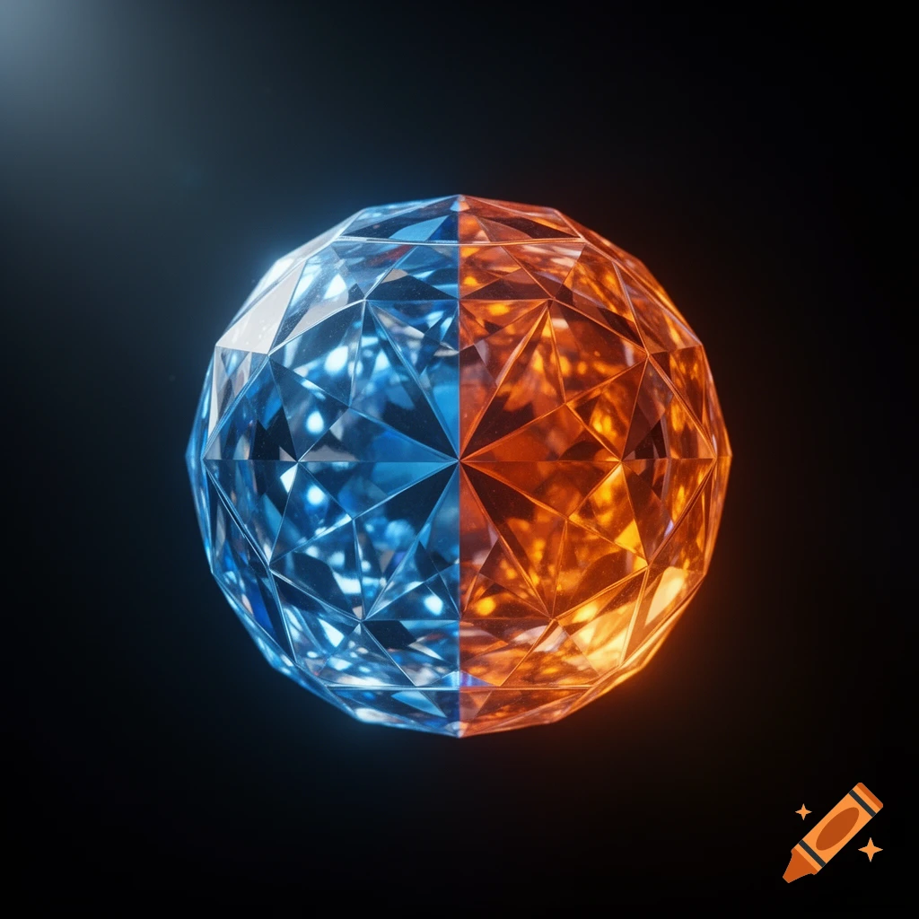 A glowing, faceted crystal sphere, half blue and half orange, on a dark background.