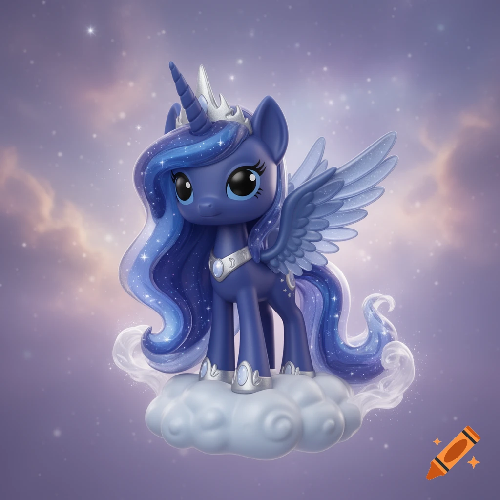 Stylized Princess Luna Funko Pop figure, a dark blue alicorn with sparkling mane and tail, standing on a cloud in a starry sky.