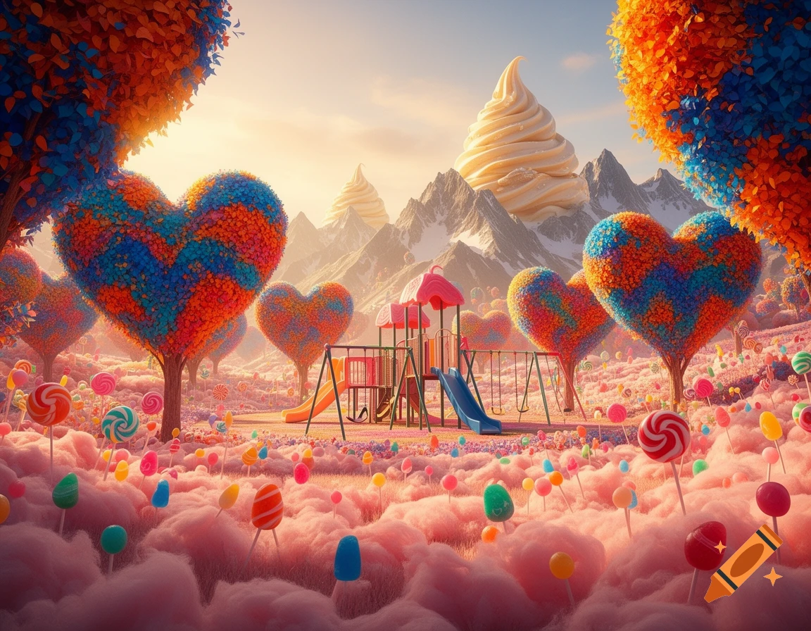 A vibrant fantasy landscape with heart-shaped trees, a playground, a cotton candy meadow filled with lollipops, and mountains topped with cream against a soft sky.
