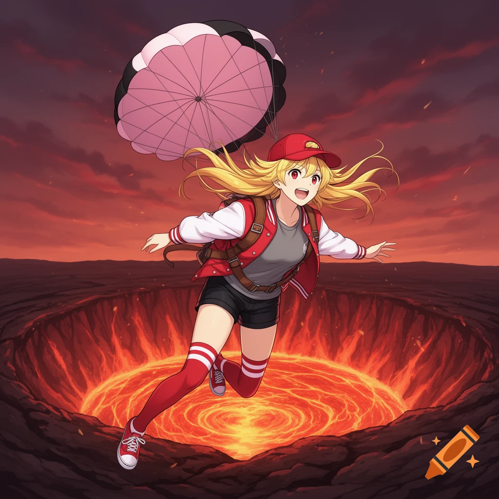 Anime girl in a red varsity jacket and cap, with a pink parachute, smiles while descending into a fiery volcano crater.