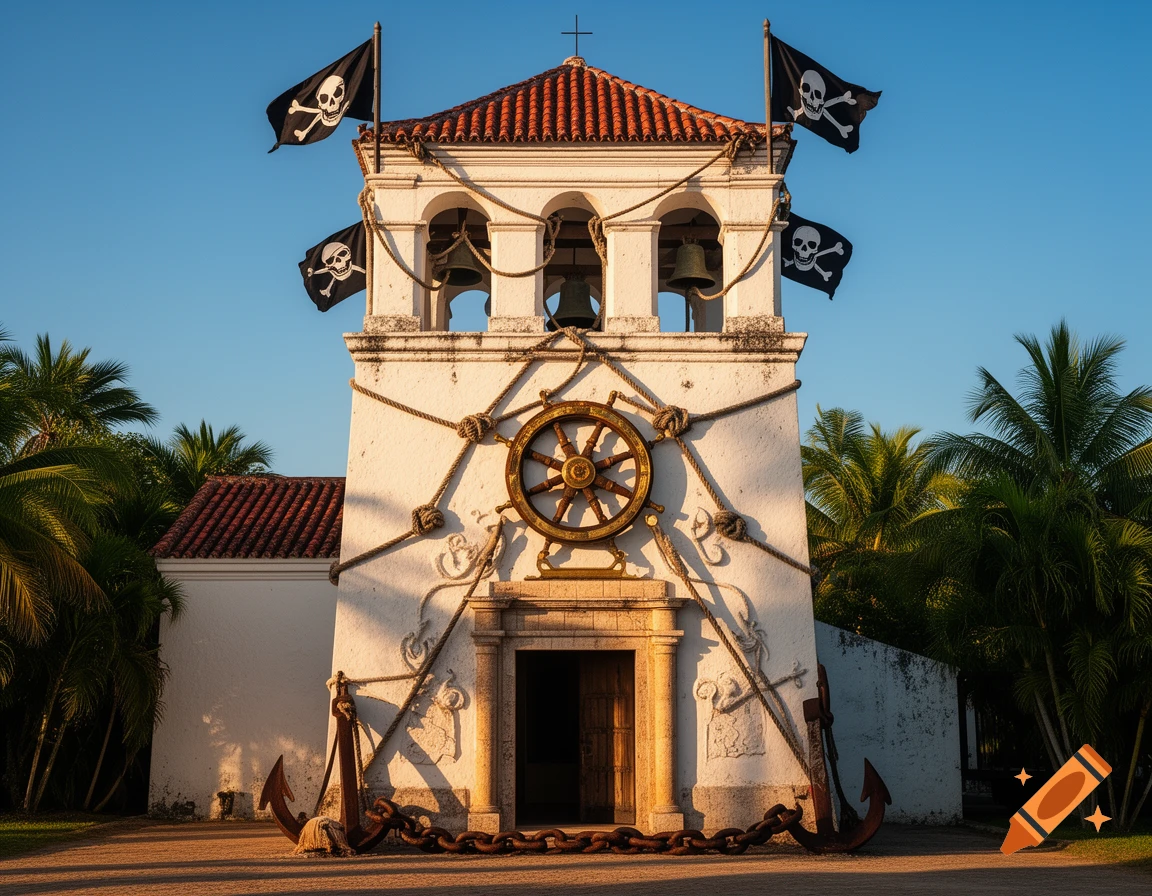A photorealistic image of a white Spanish colonial bell tower adorned with pirate flags, a ship's wheel, and anchors.