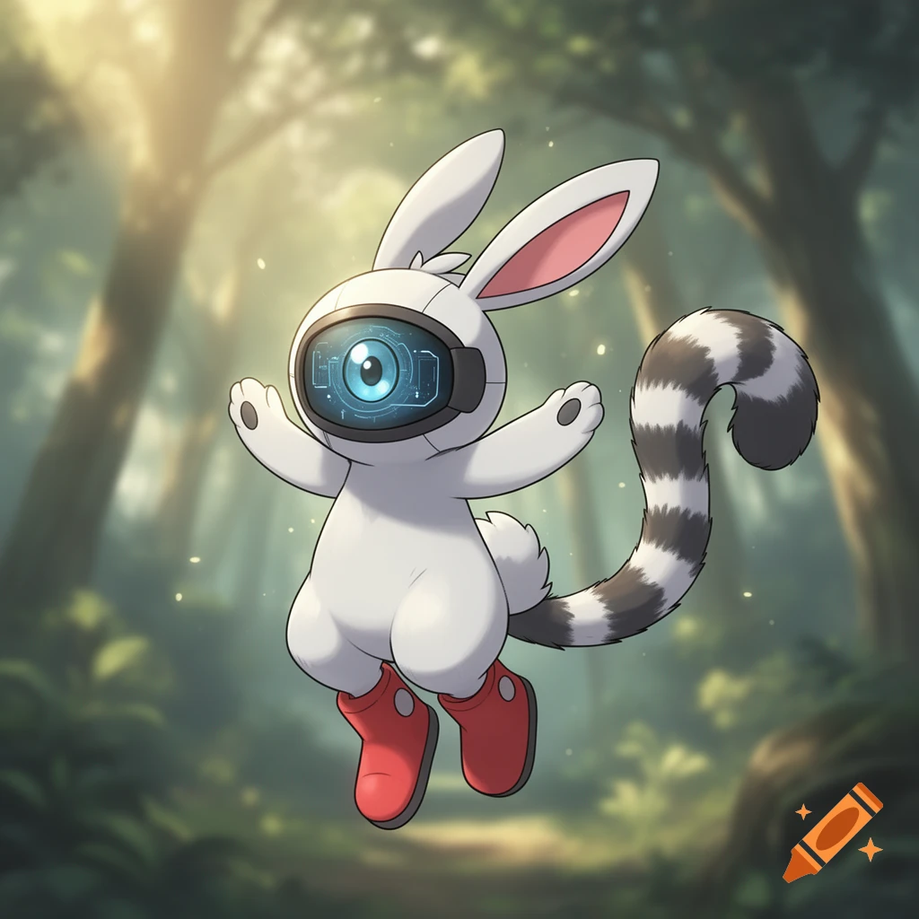 Lemur Mix Rabbit A white rabbit-like creature with a digital eye face, lemur tail, and ...