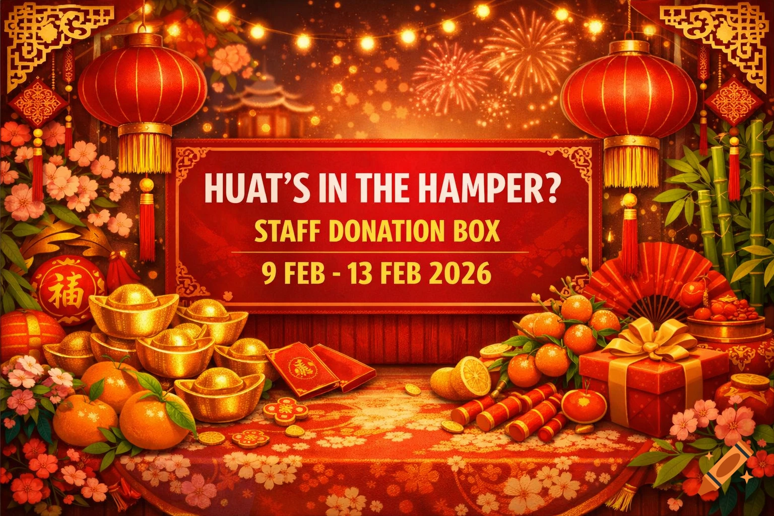 A vibrant Chinese New Year banner with red lanterns, fireworks, gold ingots, oranges, and a gift box, announcing a 'Staff Donation Box' from 9 Feb - 13 Feb 2026.