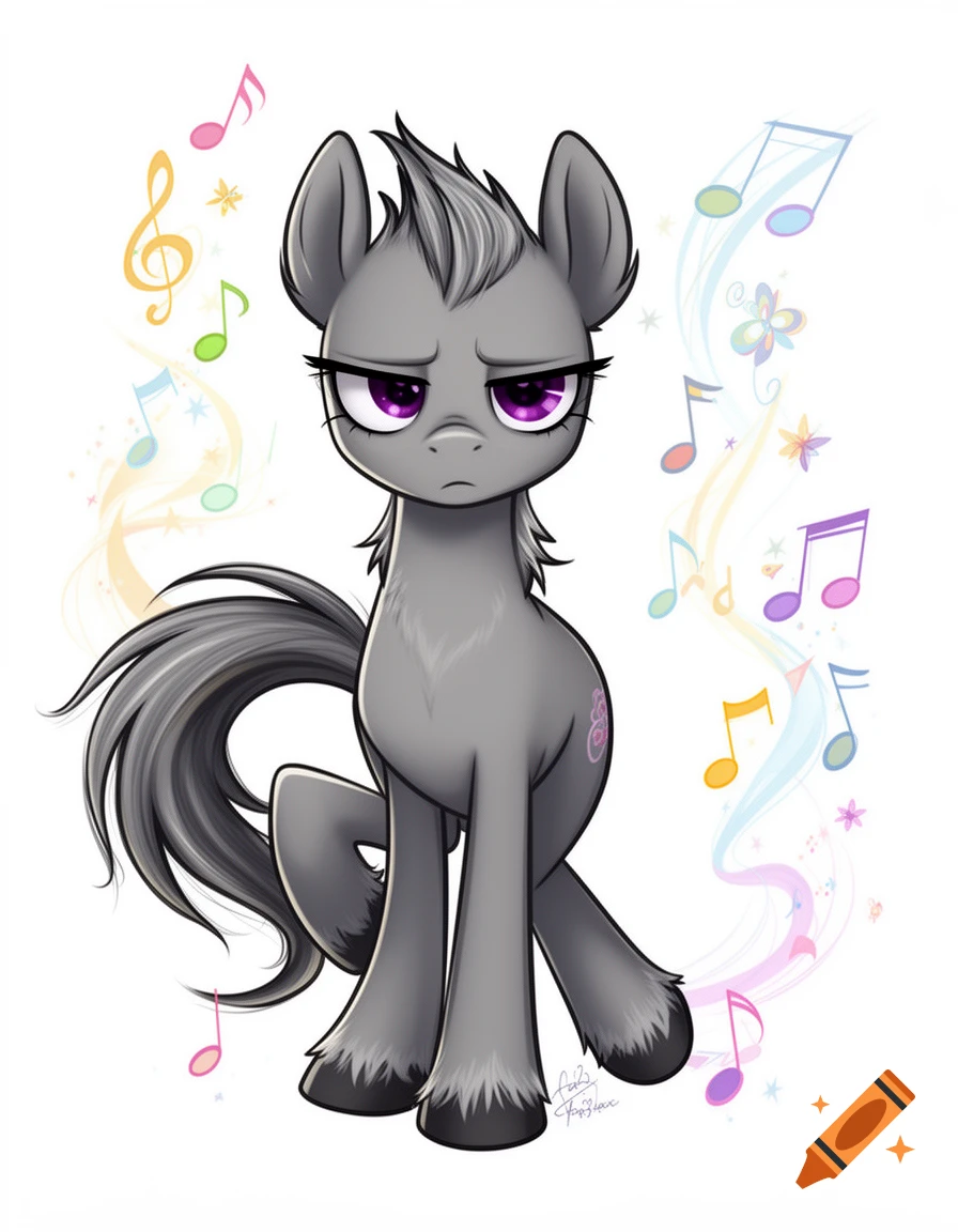 A cartoon illustration of Maud Pie, a grey pony with purple eyes and a deadpan expression, surrounded by colorful musical notes.