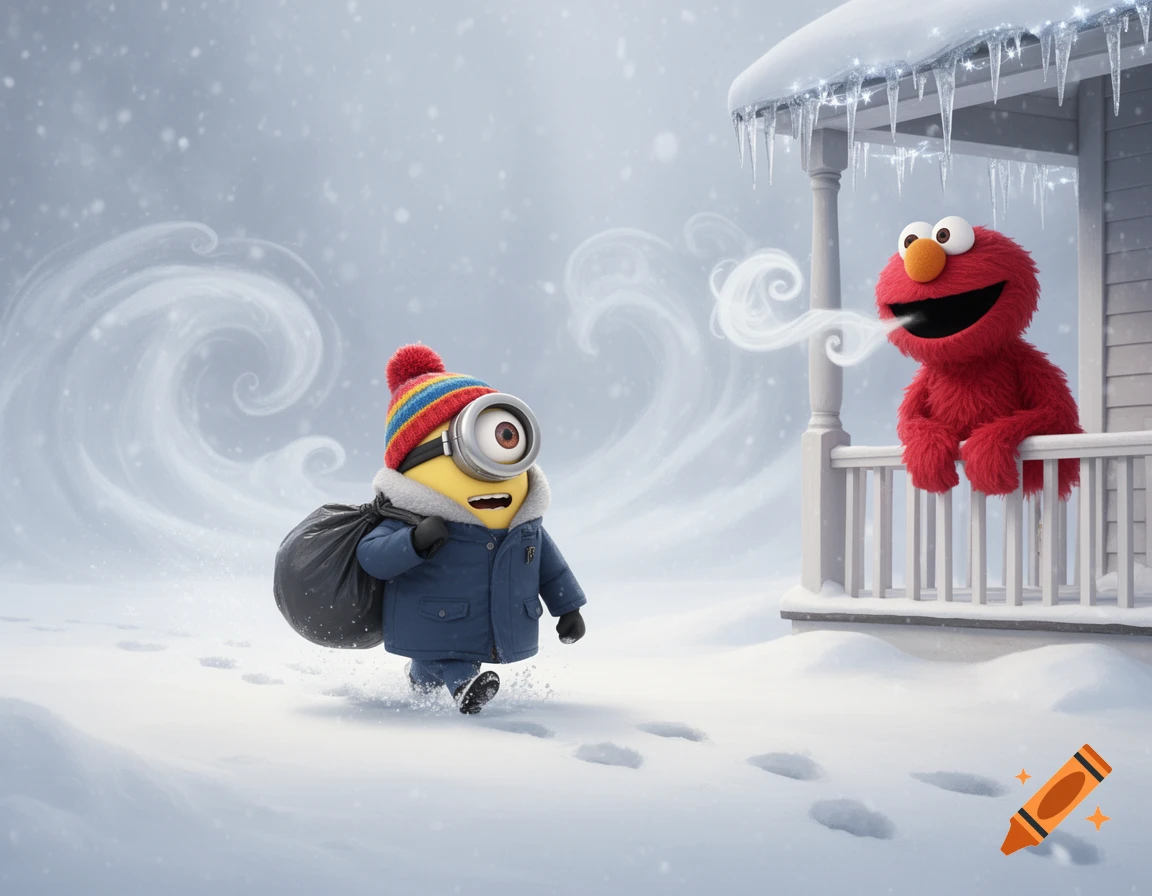 A Minion bundled in winter clothes carries a trash bag through a snowstorm while Elmo laughs from a snowy porch with icicles.