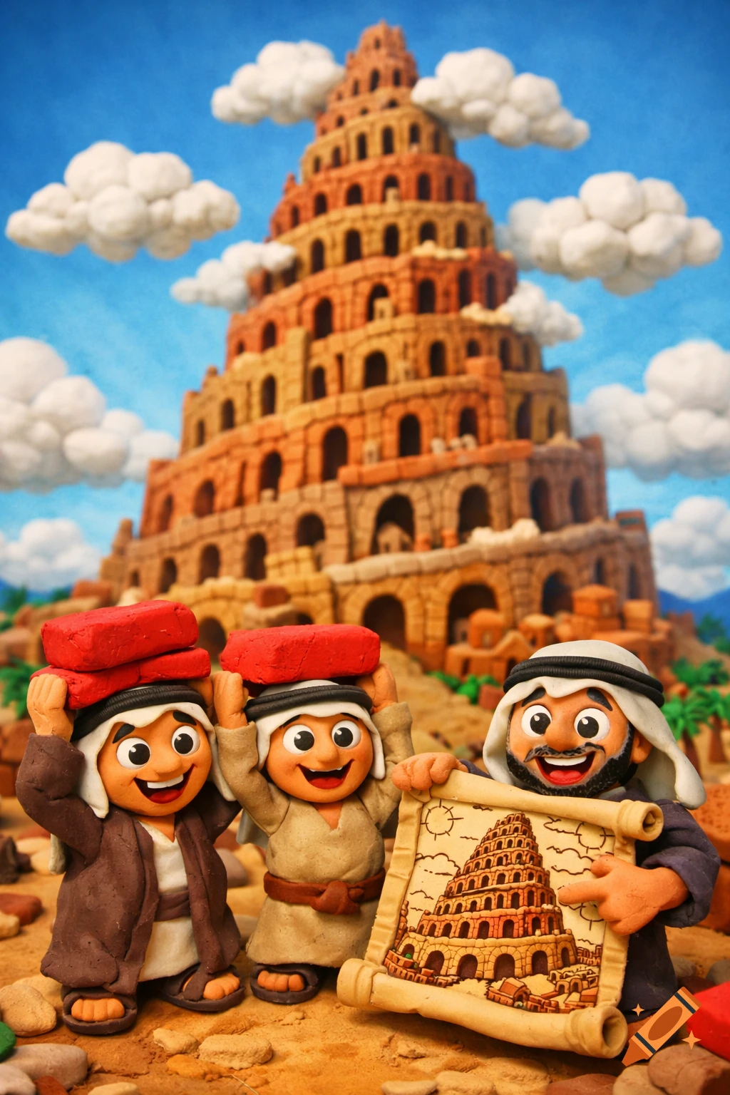 Three happy claymation Arabs with big eyes; two carry red bricks, one holds a scroll with a tower plan, all in front of a huge claymation Tower of Babel.