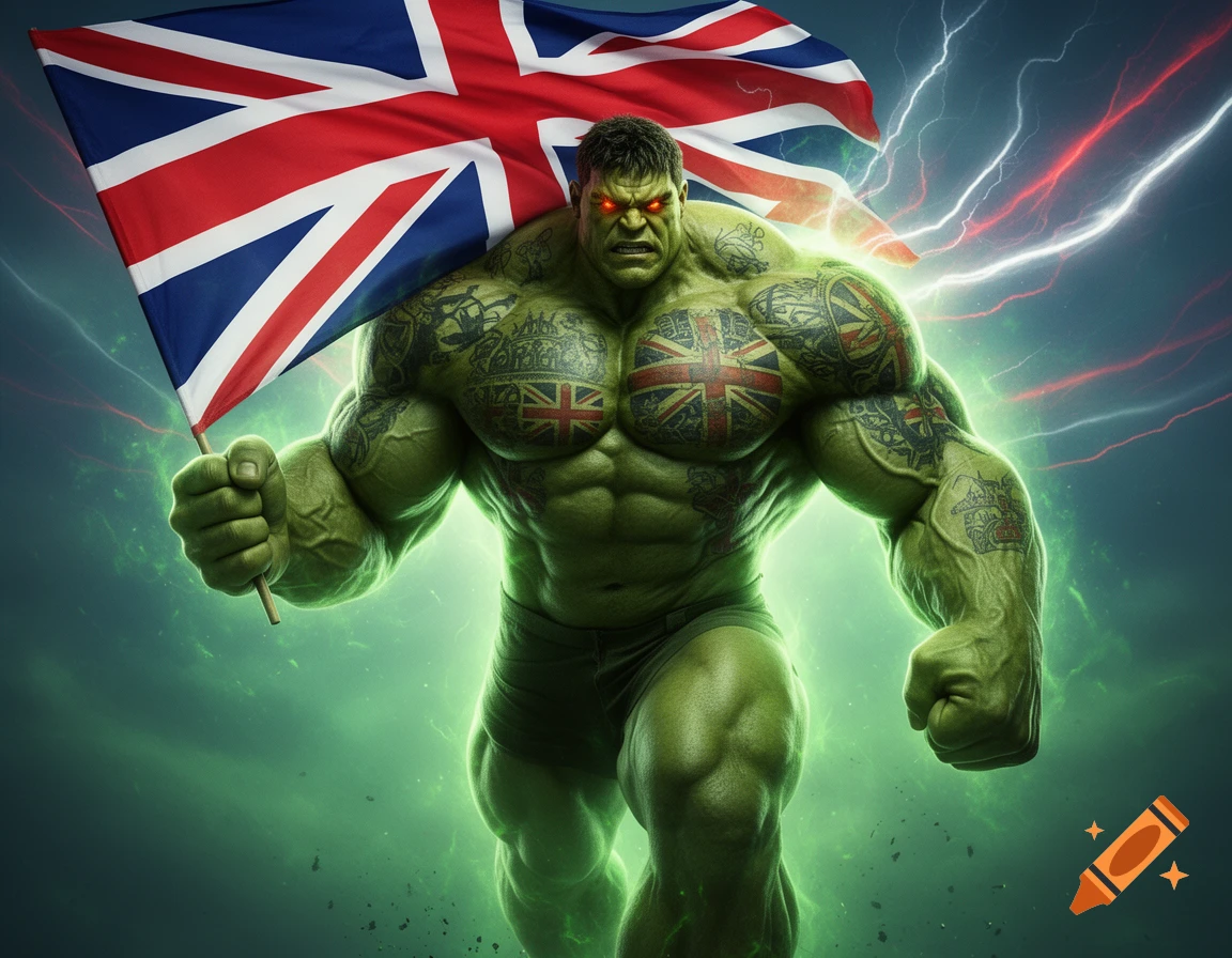 A muscular green Hulk-like character with glowing red eyes holds a large British flag and has British flag tattoos.