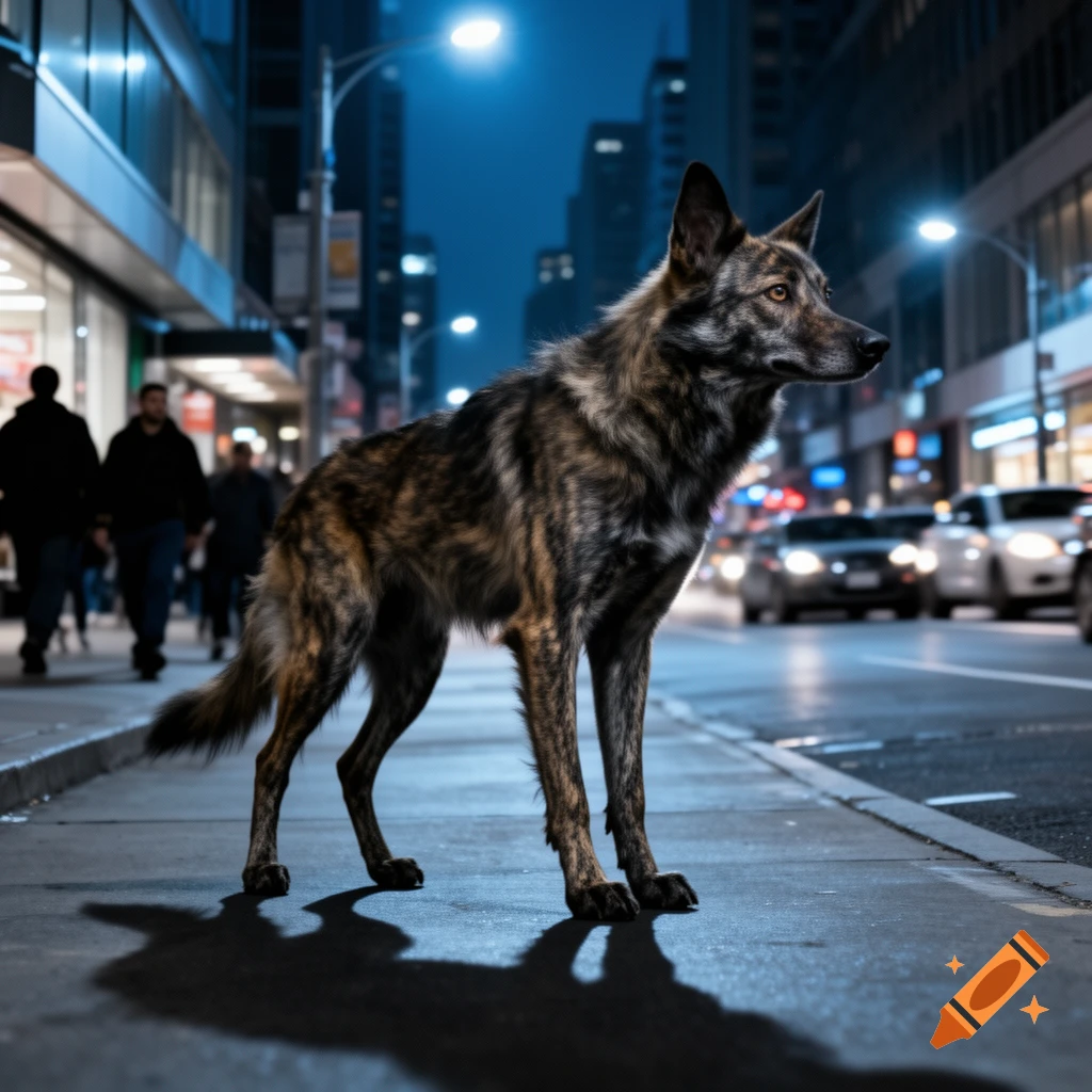 A large, brindle-furred dog stands on a city sidewalk at night with streetlights and blurred cars in the background.