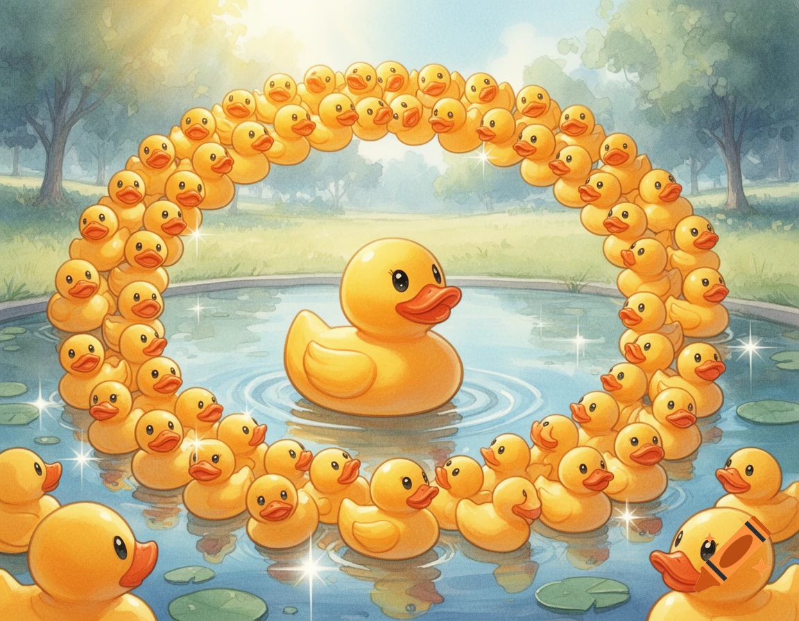 A large rubber duck in a pond, surrounded by a circular arc of many smaller rubber ducks, in a colorful illustration style.