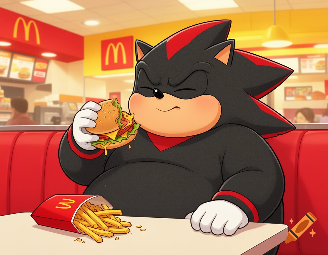 Chubby Shadow the Hedgehog happily eats a burger and fries in a McDonald's restaurant booth.