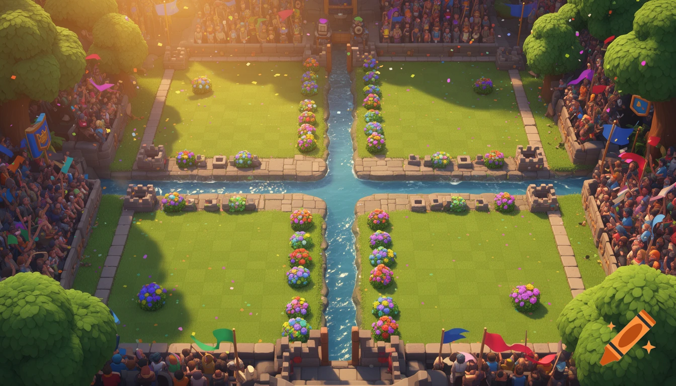 Overhead view of a vibrant cartoon arena with a river, green grass, colorful bushes, and a cheering crowd.