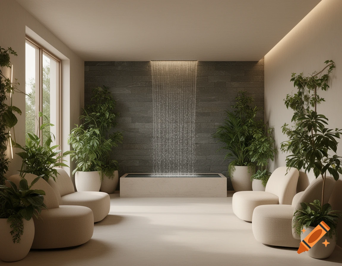 A modern spa-like waiting room with a wall-mounted water feature, numerous potted plants, and curved armchairs.