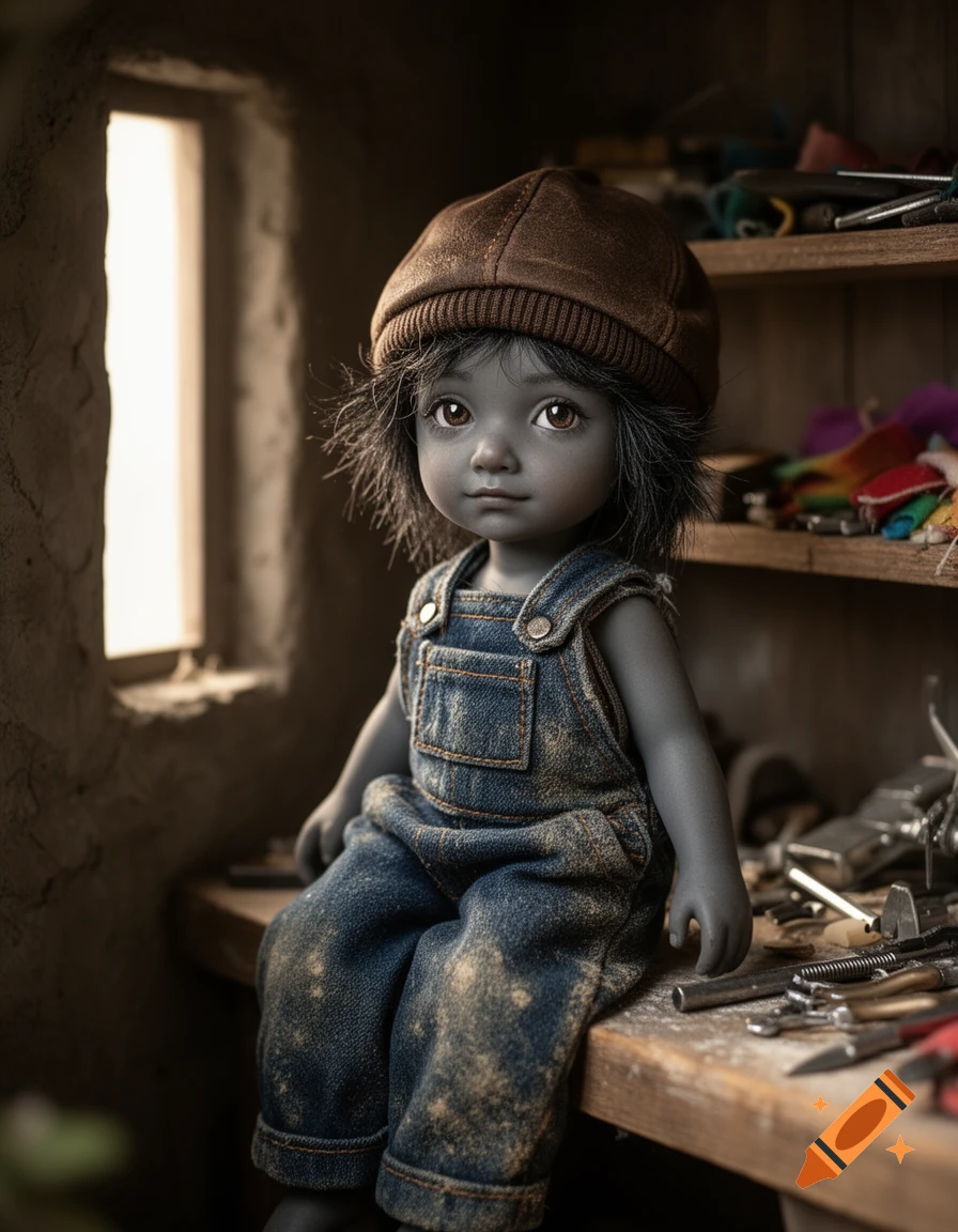 Photorealistic image of a young gnome doll with grey skin, dark hair, brown hat, and dirty denim overalls, sitting on a wooden shelf.