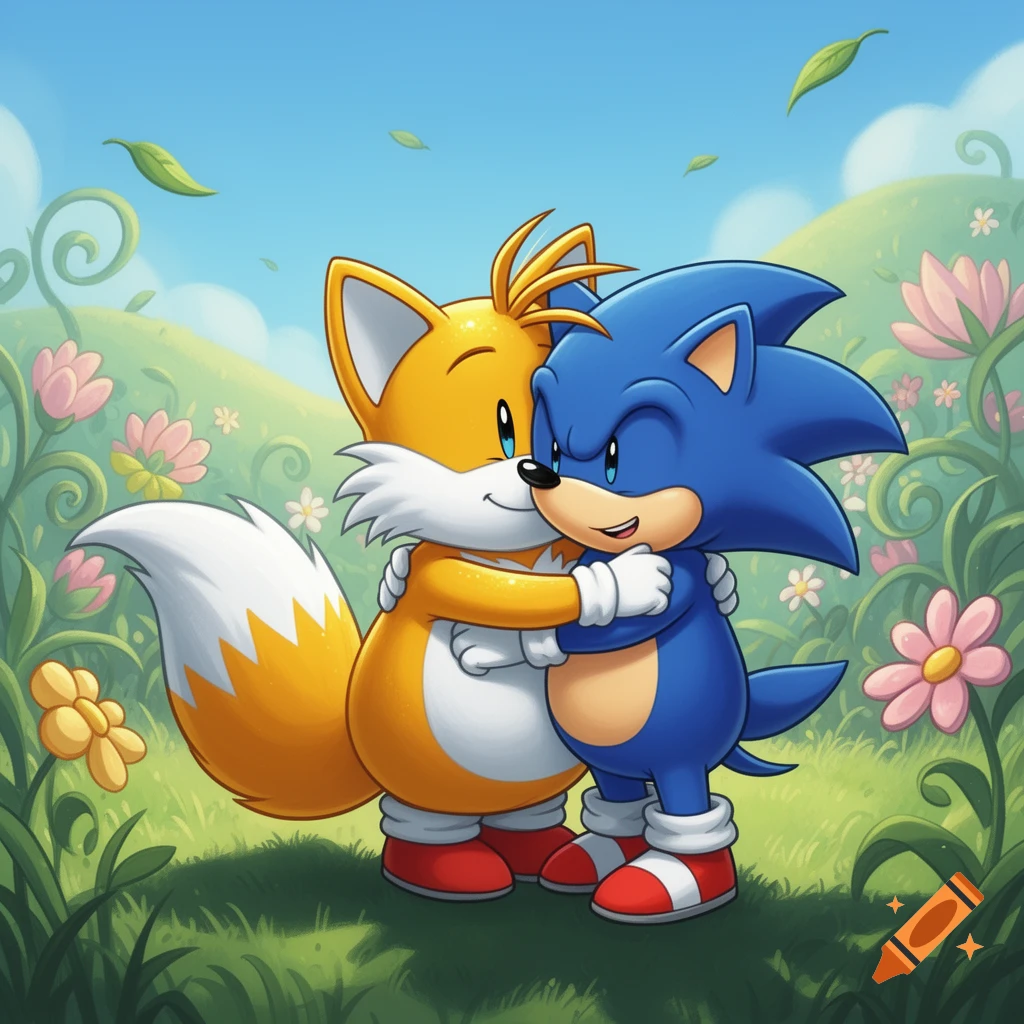 Chubby Tails the fox hugs Sonic the Hedgehog on a sunny, flowery hill in a cheerful cartoon style.