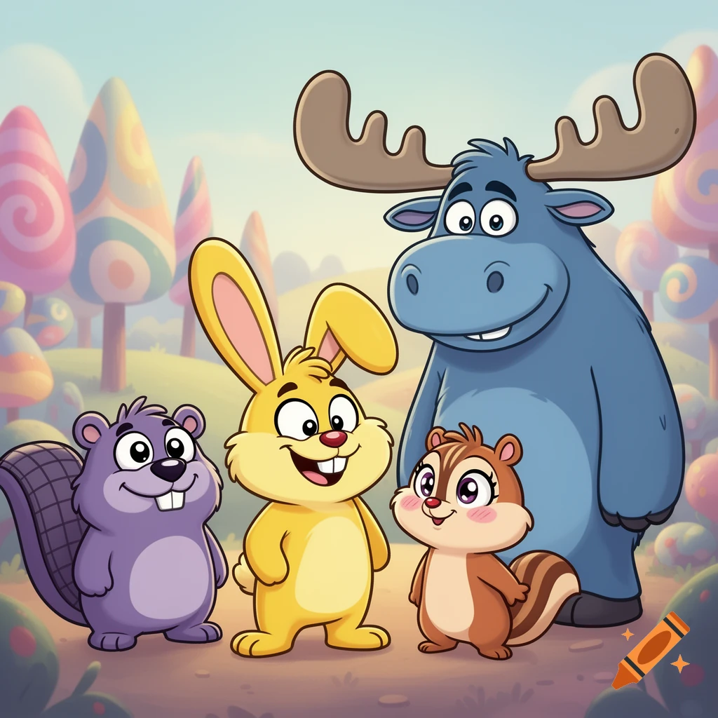 A purple beaver, yellow rabbit, brown chipmunk, and blue moose stand cheerfully in a vibrant, cartoon candy land.