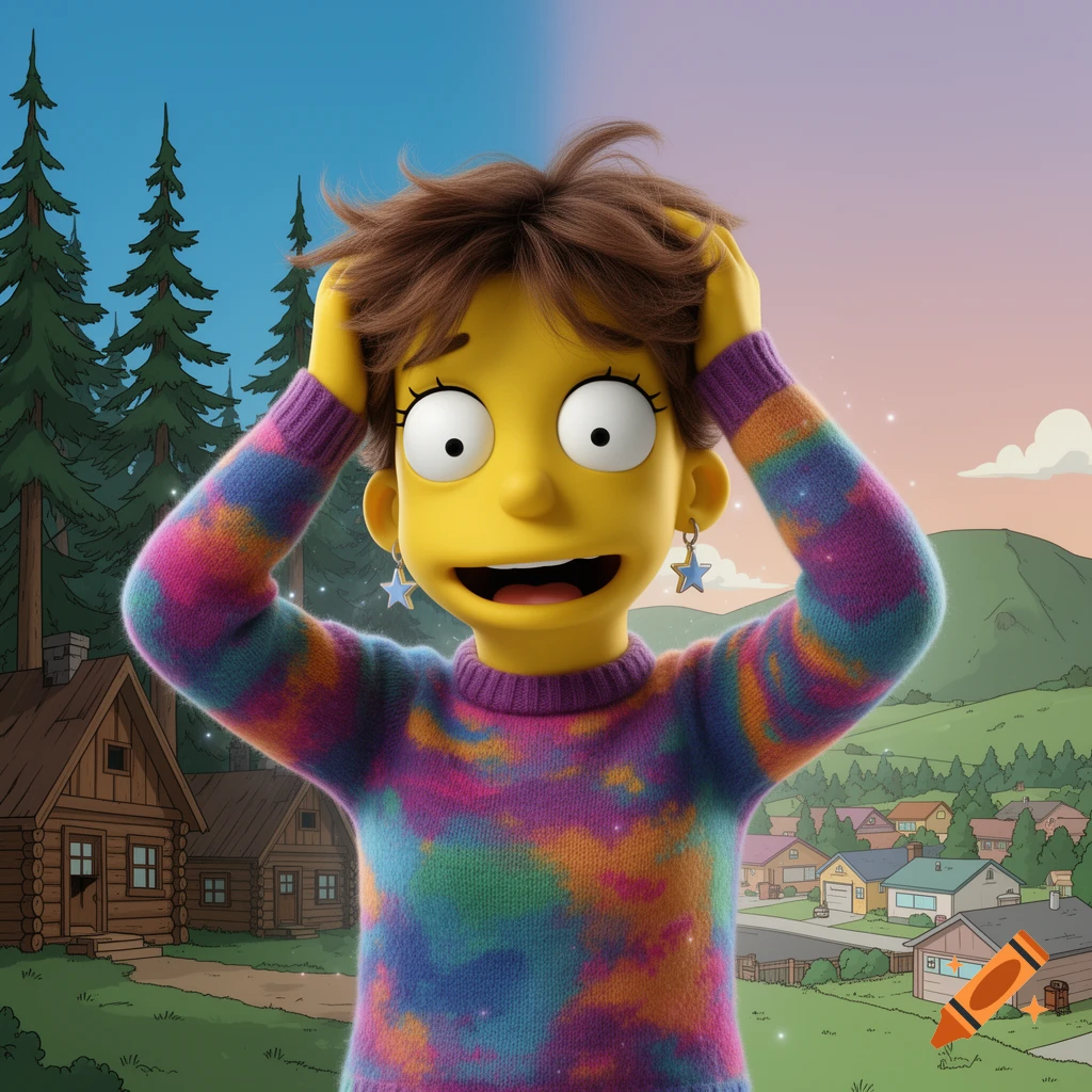 3D animated cartoon character with brown hair and a tie-dye sweater holds her head in surprise, against a split forest and suburban background.