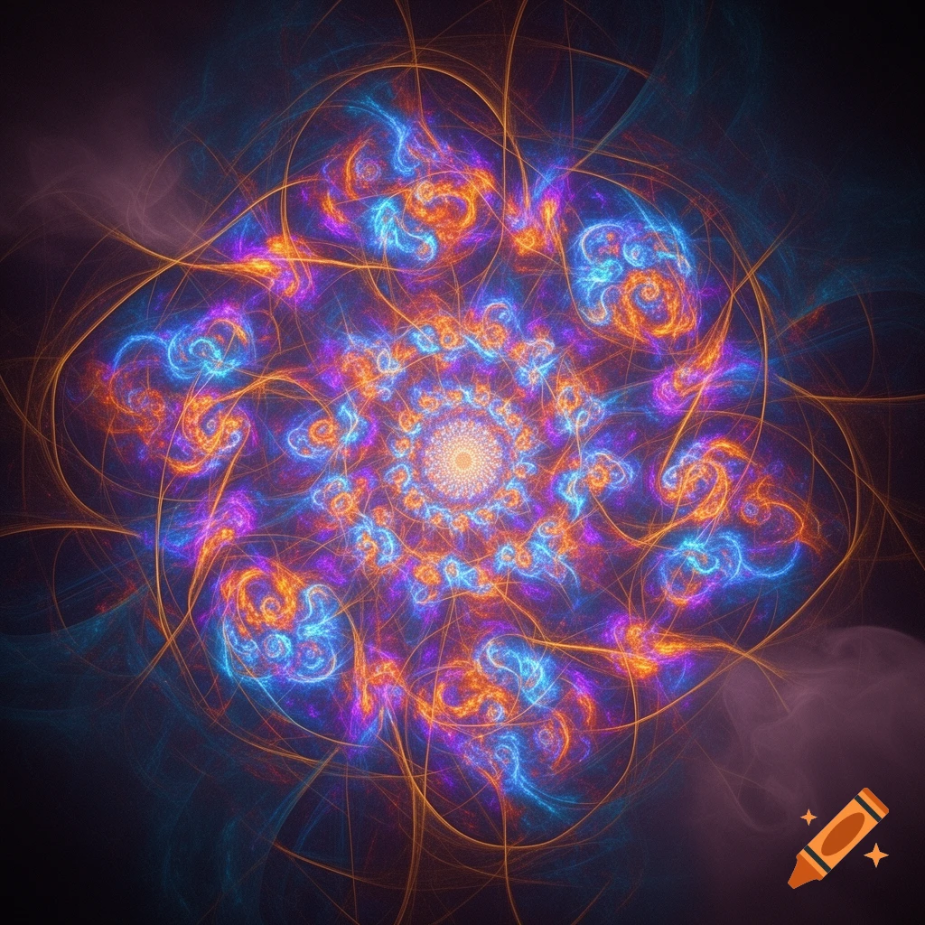Vibrant, intricate fractal art with glowing orange, blue, and purple swirling patterns radiating from a bright center on a dark background.