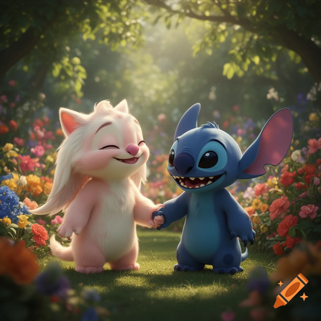 Angel and Stitch holding hands in a sunny, vibrant garden with colorful flowers, 3D animation style.