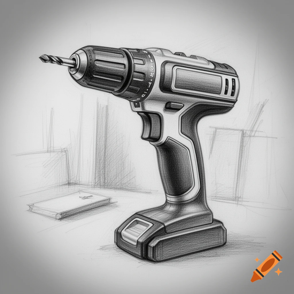 A detailed grayscale pencil sketch of a cordless drill with a prominent drill bit, against a blurred background.