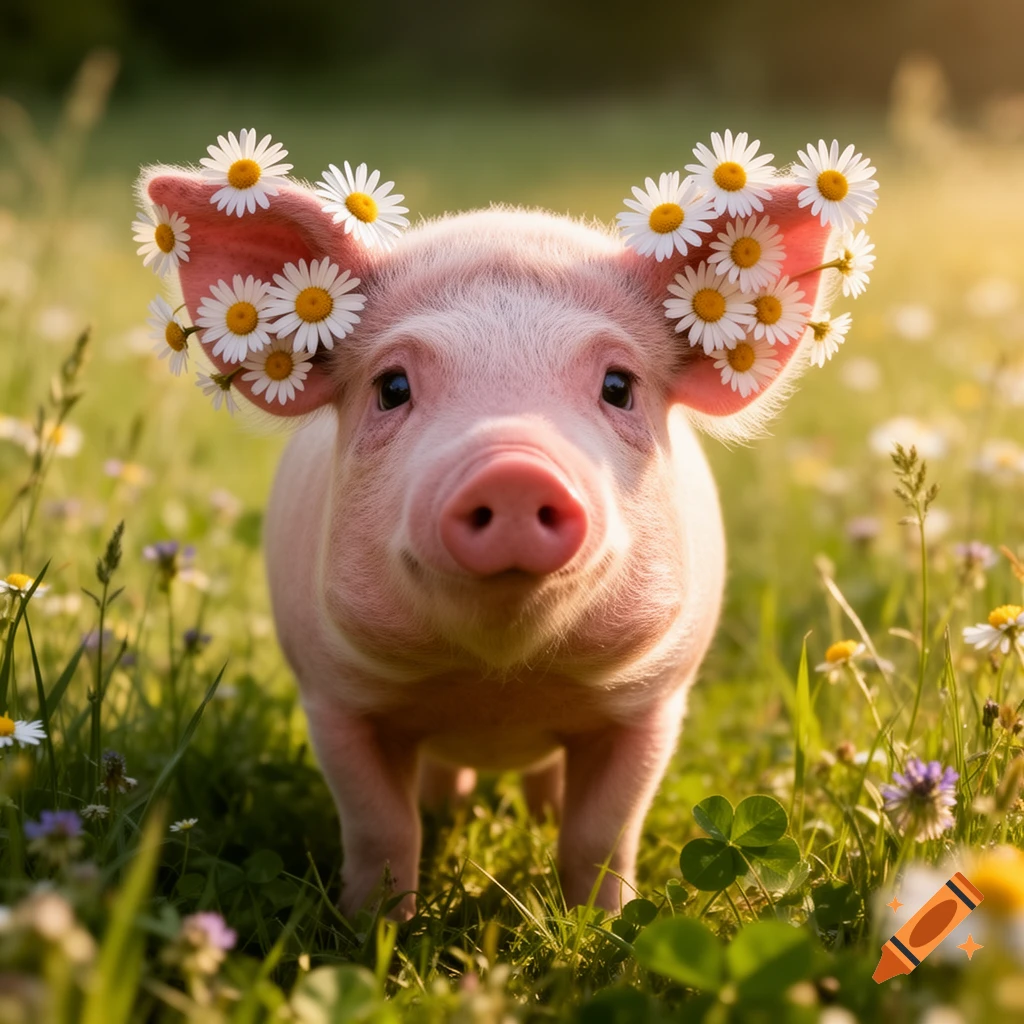 A cute piglet with daisies on its ears stands in a sunny, grassy field.