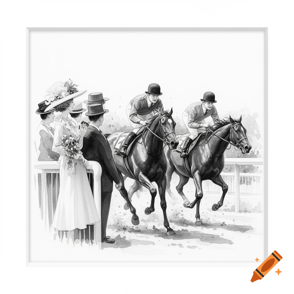 Black and white watercolor of two jockeys riding horses past elegantly dressed spectators at a racetrack.