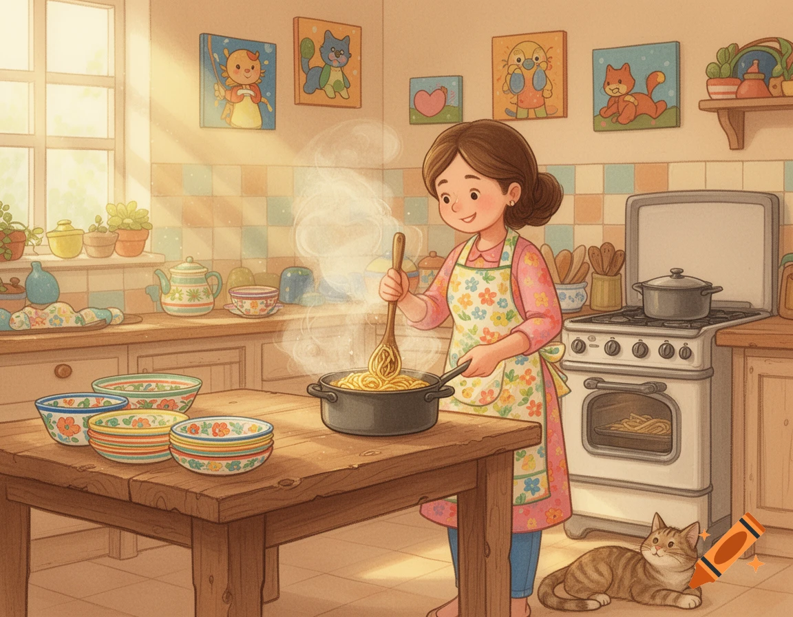 Cartoon woman cooking pasta in a sunny kitchen, with a cat relaxing on the floor. Children's book illustration style.