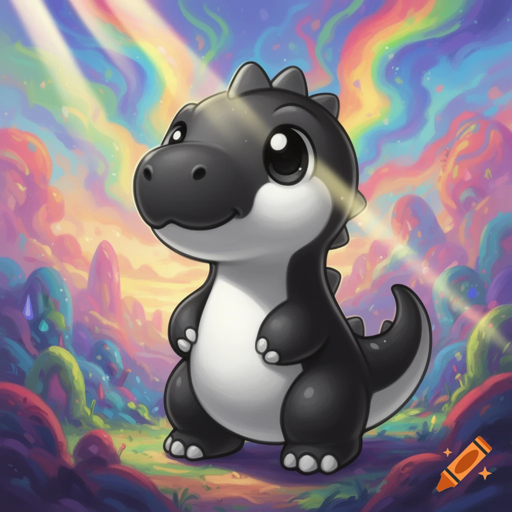 A cute black and white cartoon baby dinosaur stands in a vibrant, whimsical landscape with rainbow light rays.