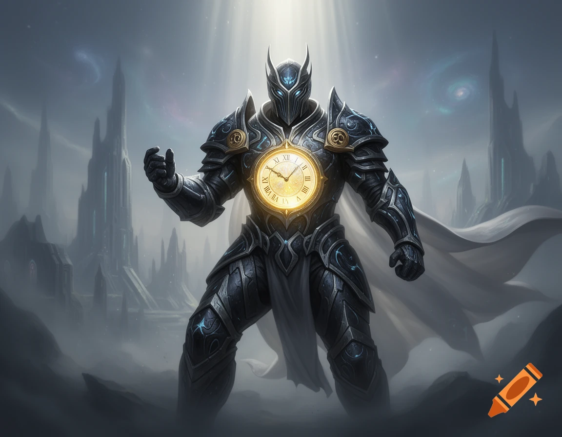 Elyon, guardian of time, stands in dark, ornate armor with a glowing golden clock on its chest, in a misty fantasy sci-fi landscape.