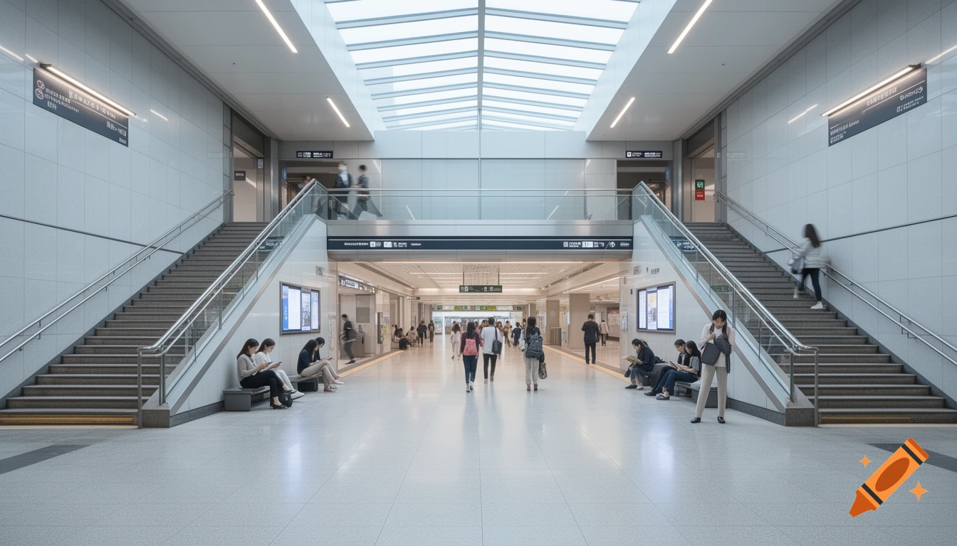 A bright, modern subway station interior with a high skylight, wide stairs on both sides, and commuters walking and waiting on benches.