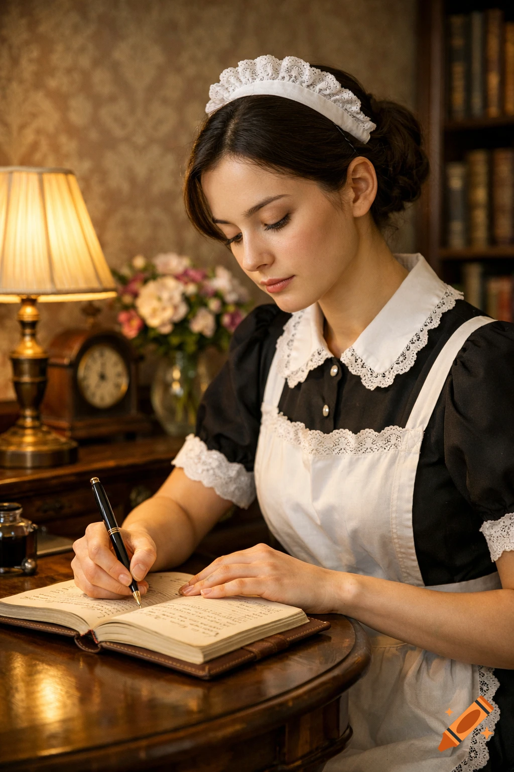 A woman in a black and white maid uniform sits at a wooden desk, writing in a journal with a pen. Photorealistic.