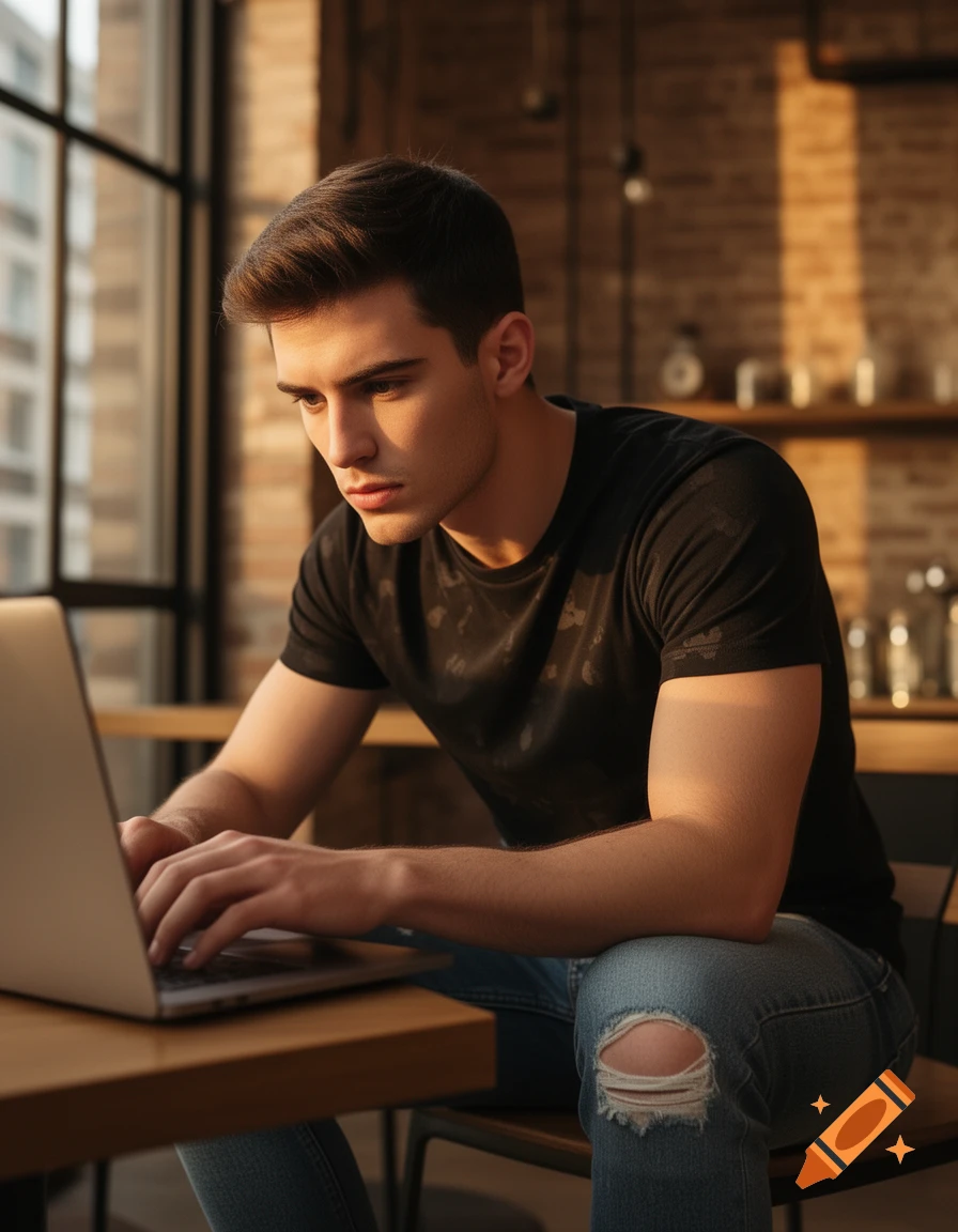 Young man in a black t-shirt and ripped jeans typing on a laptop at a ...
