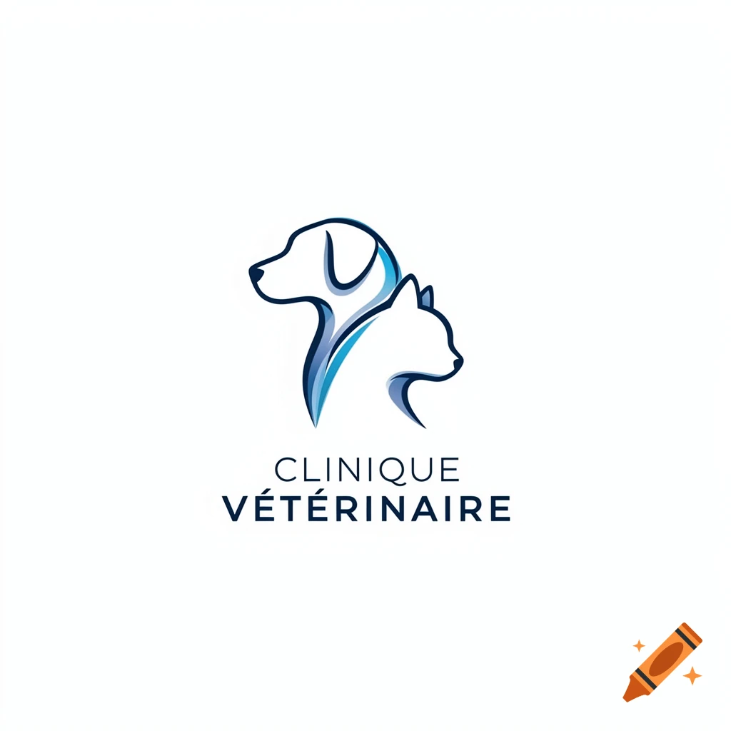 A stylized blue logo featuring the silhouettes of a dog's head and a cat's head facing right, above the text "CLINIQUE VÉTÉRINAIRE".