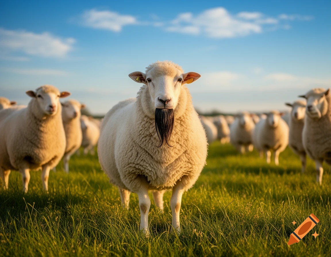 A photorealistic image of a sheep with a black goatee standing in a sunny green field, surrounded by other sheep.