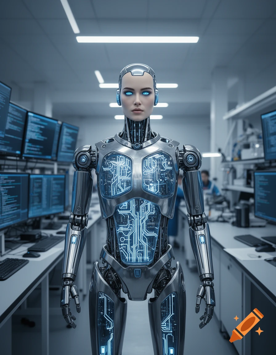 A photorealistic humanoid robot with glowing blue circuits on its chest ...