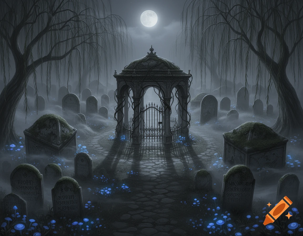 A dark, atmospheric graveyard at night with a full moon, a gothic portico, weeping willow trees, and glowing blue flowers among the tombstones.
