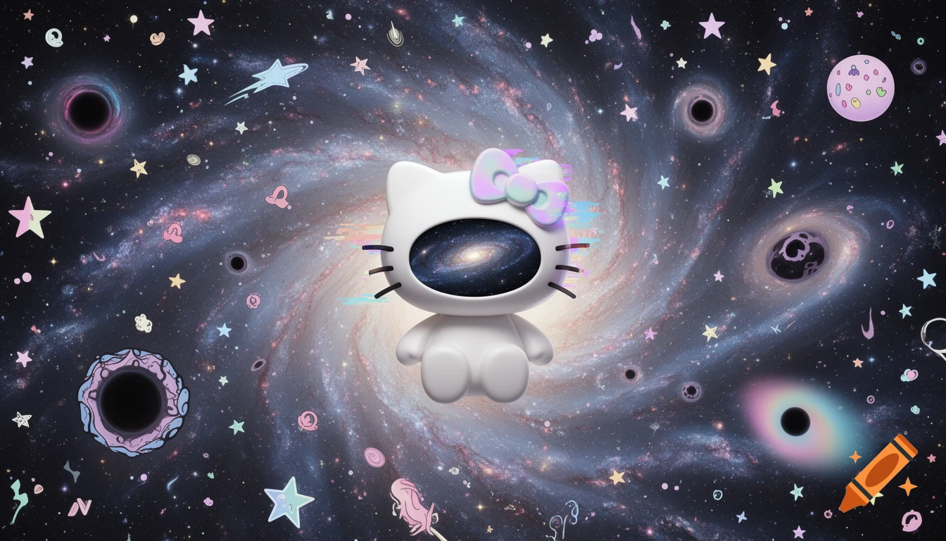 A white Hello Kitty-like cat with galaxies in its eyes floats in a surreal pastel cosmic void with cartoon stars and black holes.