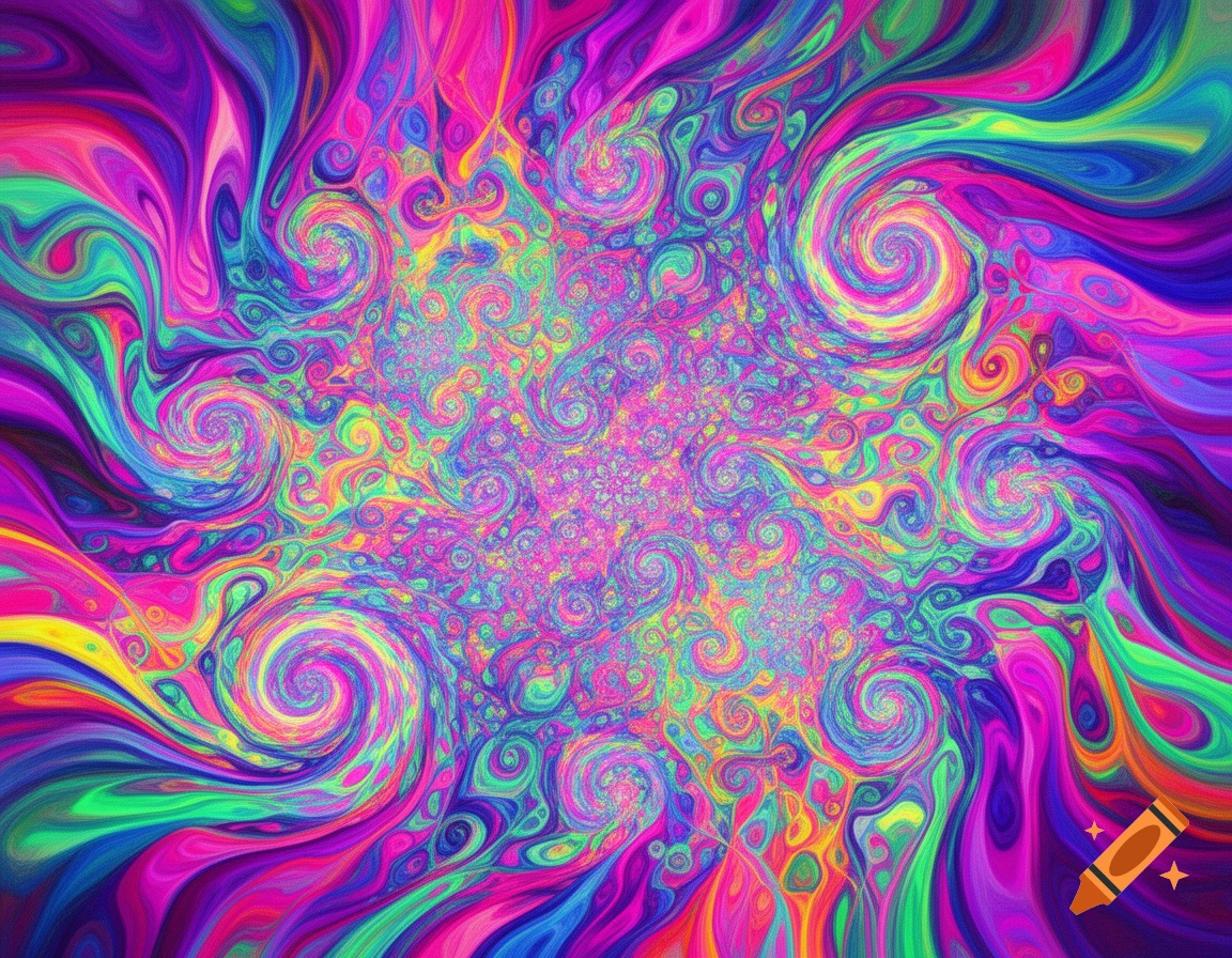 Vibrant abstract psychedelic background with swirling patterns in neon pink, blue, green, and yellow.