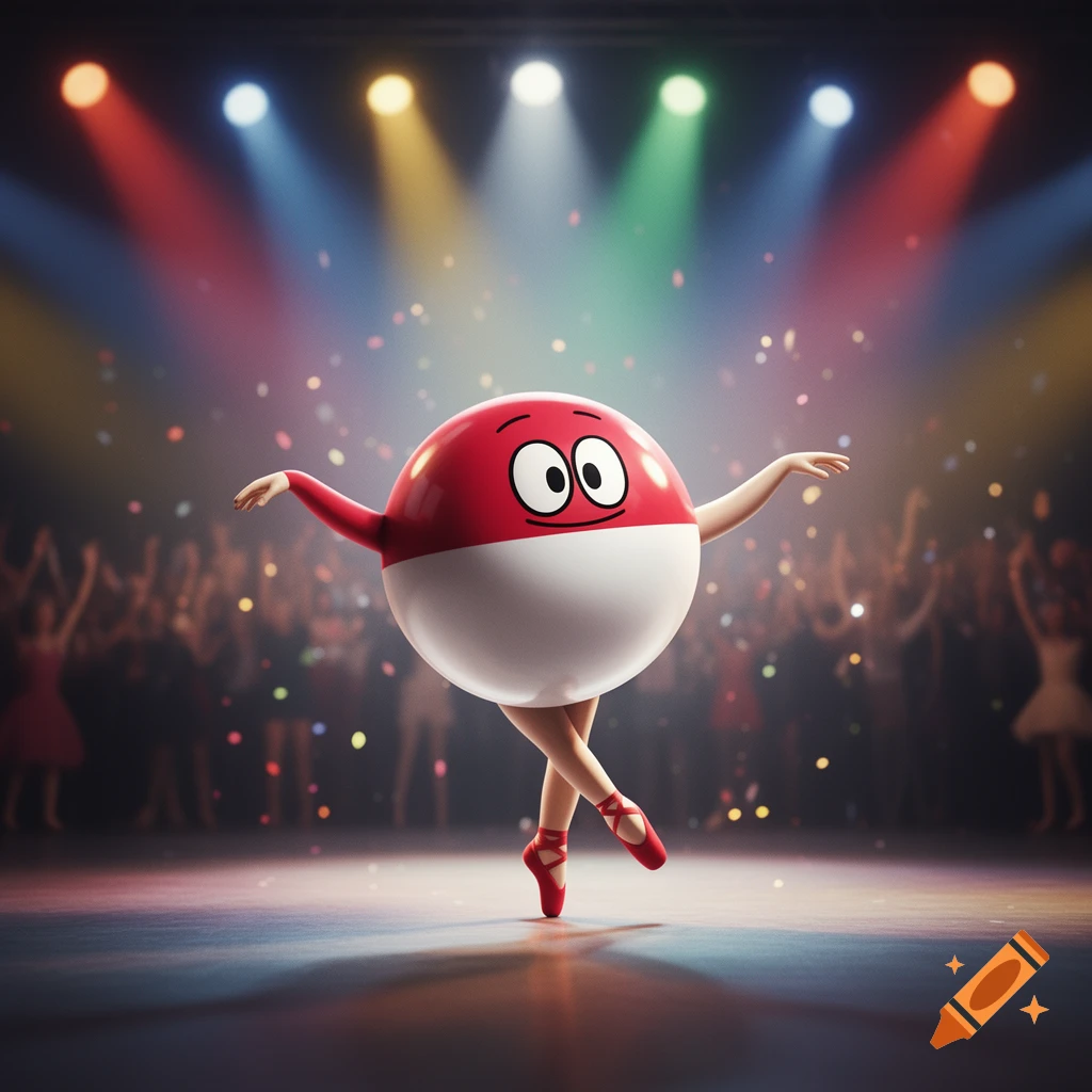 A cartoon red and white Polandball character with eyes and a smile dances ballet en pointe on a spotlight-filled stage with a blurred audience.